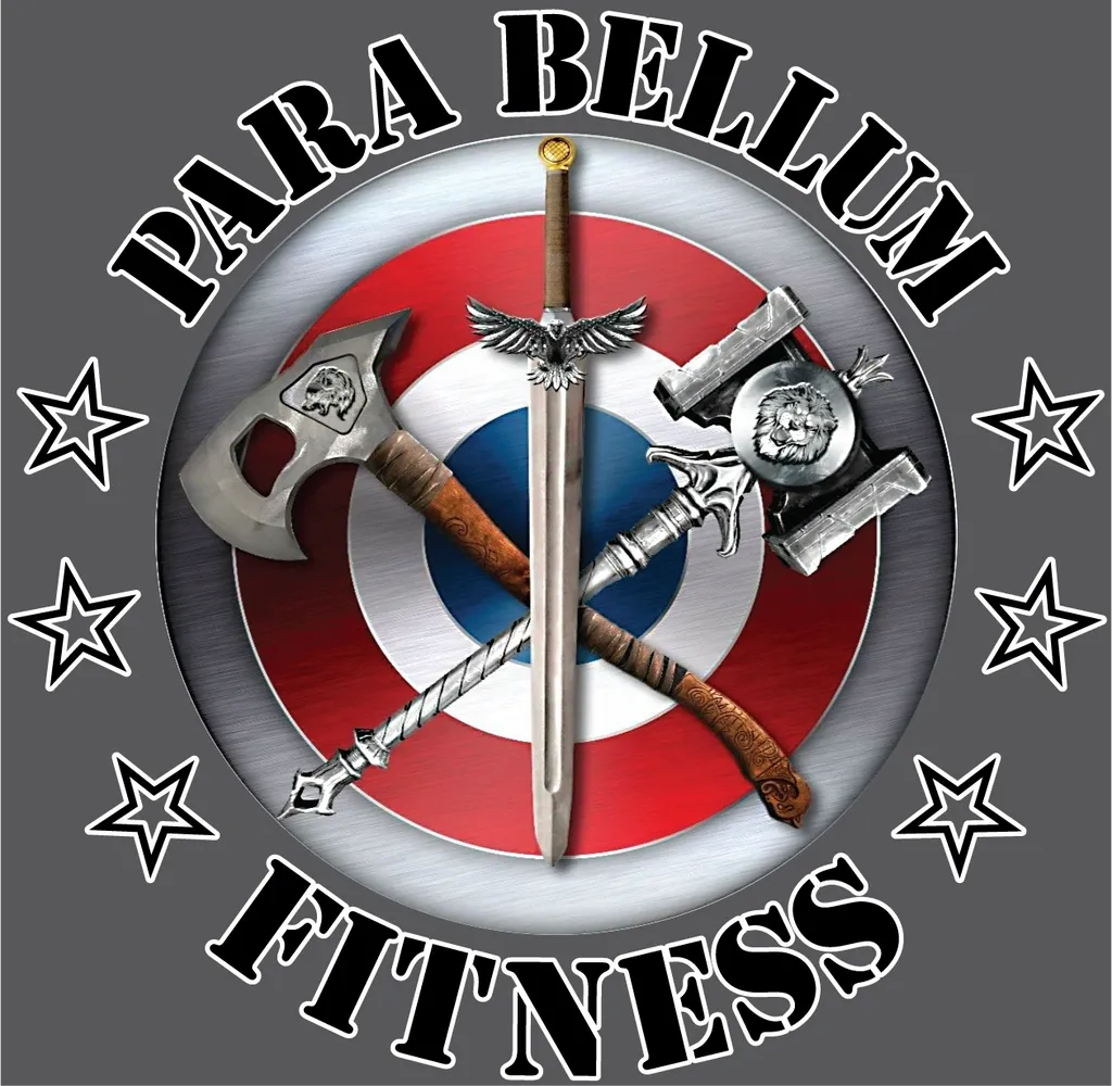 Para bellum fitness logo with swords, axes and a shield.