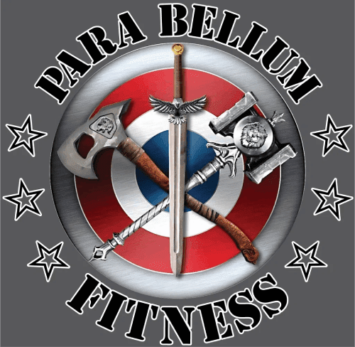 A logo of para bellum fitness with swords, axes and a shield.